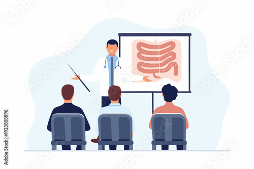 Doctor presenting an anatomy lesson on the human digestive system to students