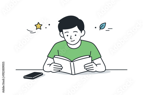 Young boy engrossed in reading a book with a smartphone nearby and decorative elements