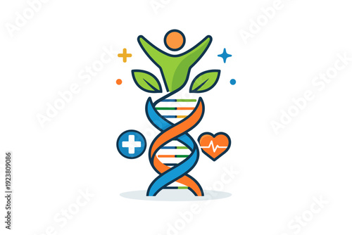 The future of personalized medicine and genomics expressed as a digital DNA pattern growing into a healthy human icon, reflecting progress,