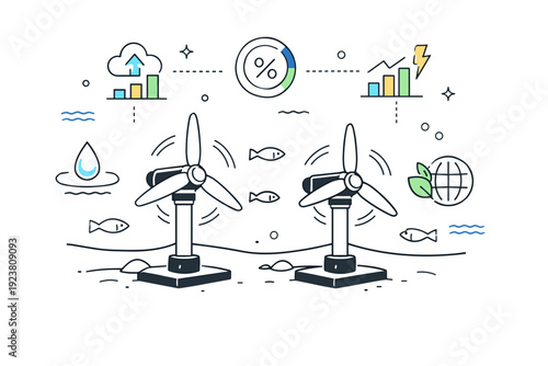 Marine renewable energy system. Submerged tidal turbines anchored to the seabed, with small fish swimming nearby and simple data icons