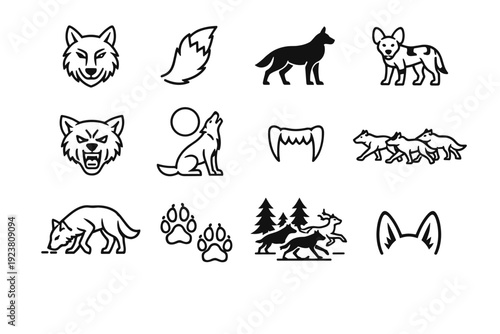 Canine Predators. Line icon set of Canine Predators: wolf head, fox tail, coyote silhouette, wild dog, growling face, howling at moon, canine