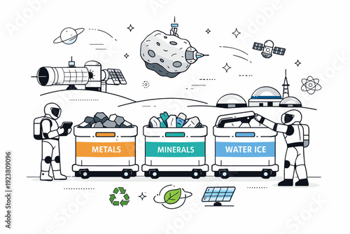 Sustainable space industry. A clean futuristic scene where extracted asteroid materials are neatly stored in containers. The mood conveys