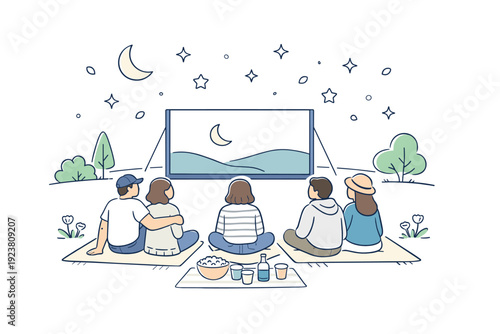 Watching films under the stars. A small group seated on blankets, looking at a screen as stars appear in the sky. Calm togetherness, leisure,