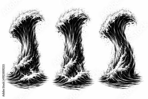 Dynamic Ocean Wave. Ocean wave form vertical surge column, a powerful upward-rising wave mass with compressed energy and fluid structure shown as the same
