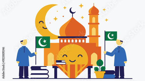 Eid mubarak celebration with smiling men holding pakistani flags in front of mosque at sunset