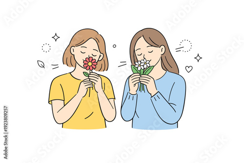 Women Enjoying Flowers. Women smelling flowers. Two women stand side by side, each holding different flowers and smiling softly while smelling them. Shared
