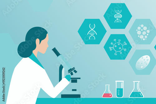 Scientist examining samples with a microscope and related biological icons