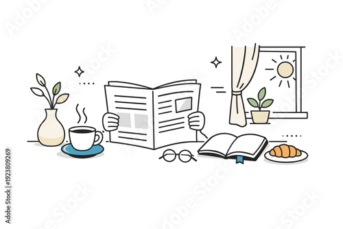 Quiet luxury lifestyle details. A serene morning ritual with coffee, a newspaper or book, and soft daylight coming through a window. Slow