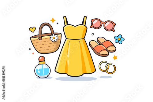 Spring fashion outfits simple dress and accessories paired in a balanced composition, reflecting lightness, optimism and effortless style. A