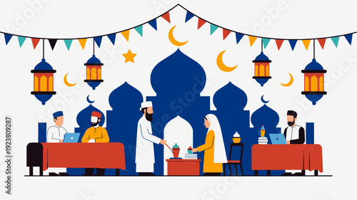 People in traditional clothing serving food at tables with mosque architecture and ramadan decorations in the background