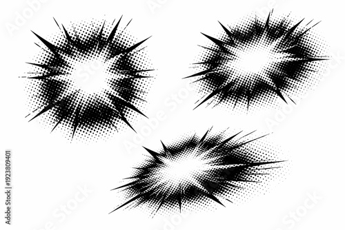 Comic book dot impact texture, a single dense impact-style dot screen texture object represented in front view, offset angled view, and three-quarter dynamic