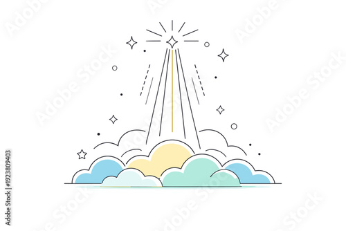 Ascension Day spiritual concept. Abstract clouds, light beams, and upward motion lines forming a serene symbolic composition without explicit figures. Quiet,