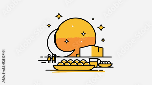 Sunset scene with people enjoying food on beach with yellow and orange hues and sparkling stars