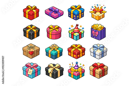 Gift package. Colorful isometric vector icons set of Gift package: wrapped gift box, ribbon package, birthday gift, holiday present, surprise