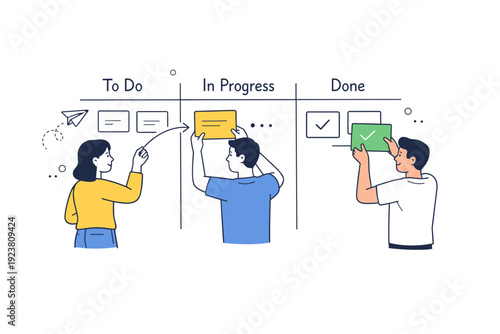Kanban team collaboration. Two or three people moving task cards across board columns together. Shared responsibility, teamwork, steady progress. Minimalist