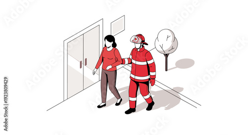 Isometric illustration of a firefighter assisting a woman out of a building. Use for emergency services, safety, rescue, awareness campaigns and other public service announcements.