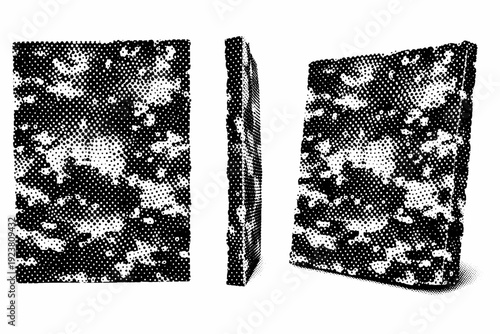 Halftone Fragmented Texture Views. Broken halftone video overlay pattern represented as one fragmented overlay texture object shown in three views: front view,