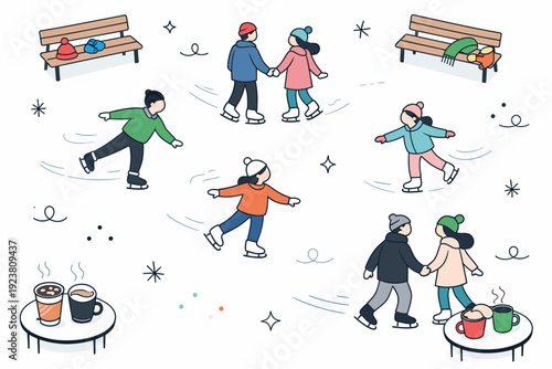Winter Skating Social. Ice rink social meetup. Top-view layout of skaters gliding on ice with subtle motion lines, benches, and hot drinks nearby. Calm and