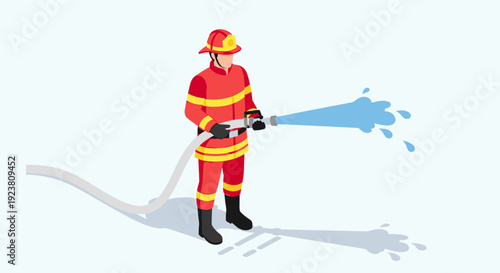 Isometric illustration of a firefighter in full gear holding a hose and spraying water. Ideal for graphics about safety, emergency services, and community help.