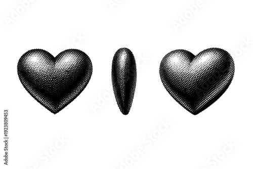Black and white halftone heart icon object shown as a single object presented in three views: front view, side view, and three-quarter view. Black and white