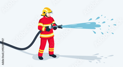 Vector illustration of a firefighter in uniform, helmet, gloves, and protective gear holding a fire hose spraying water. Ideal for safety, emergency, and service themes.