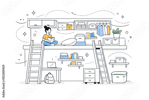 Multipurpose loft storage. A tiny home loft area shows ladders, overhead compartments, and wall-mounted shelves, with soft floating dots and abstract lines