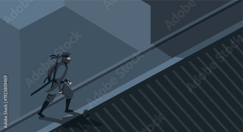 Isometric vector art of a ninja in stealth, climbing stairs in a dark environment. Ideal for gaming, security, or strategic planning concepts.