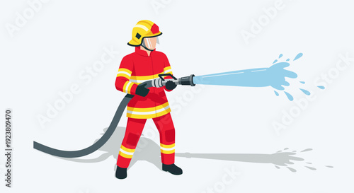 Cartoon illustration of a firefighter in full gear spraying water. Clean, flat design perfect for educational materials, safety campaigns, or children's content.