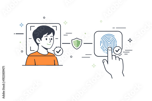 Multi-factor biometric access. A person confirming identity using both face and fingerprint icons on a clean interface. The scene