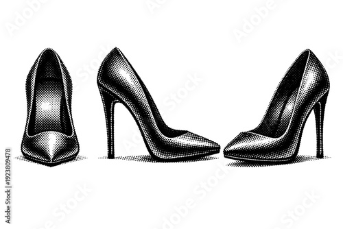 Fashion high-heeled shoe object shown in three views including front view, side view, and three-quarter view with realistic proportions and material form.