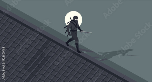 A stylized ninja figure walks across a tiled roof under the moonlight. Ideal for martial arts themed designs, or representing stealth and strategy.