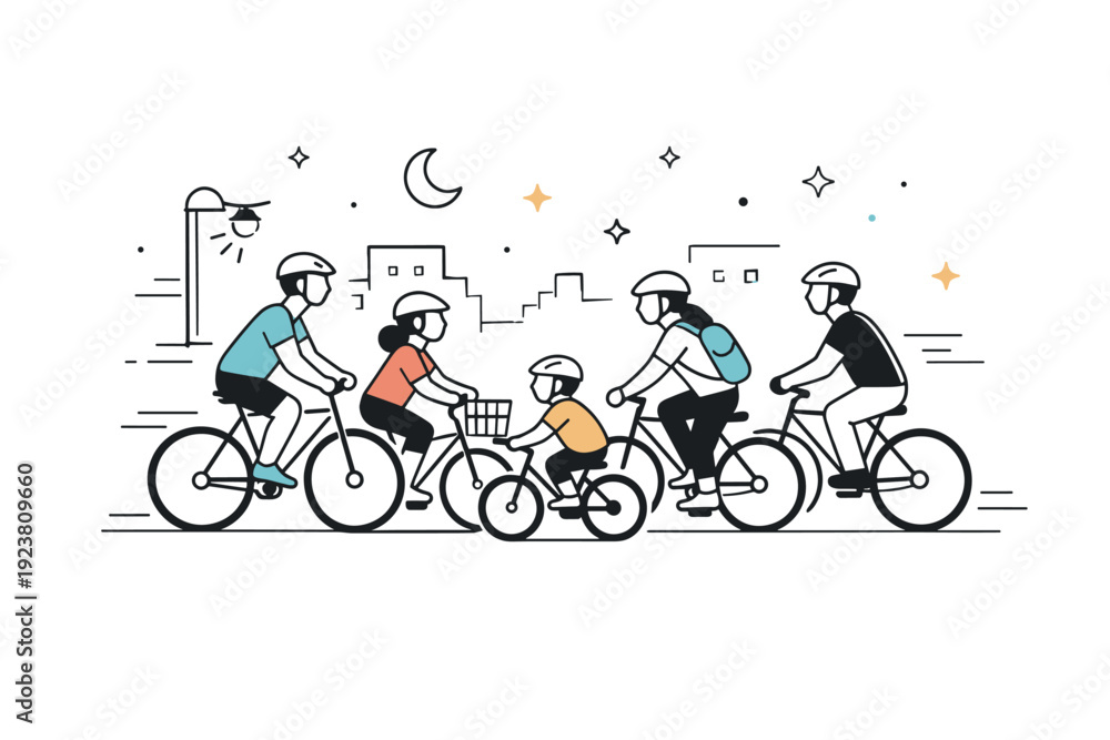 Obraz premium urban night cycling community. A group of cyclists riding together safely through a city street at night, abstract floating stars and subtle motion lines,