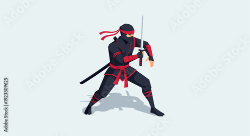 Cartoon illustration of a ninja warrior dressed in black and red, holding a katana sword in a fighting stance. Perfect for animation, gaming, and martial arts related designs.