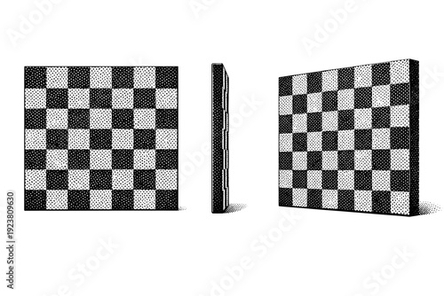 Alternating square dot grid panel object shown in three views including front view, side view, and three-quarter view focusing on checker rhythm and surface