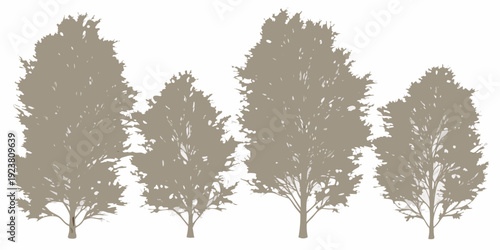 Silhouettes of four trees against a plain white background