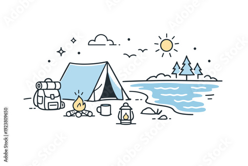 Camping with tents near water. A small tent stands by the shoreline with simple camping items nearby, while gentle water lines suggest quiet movement. The