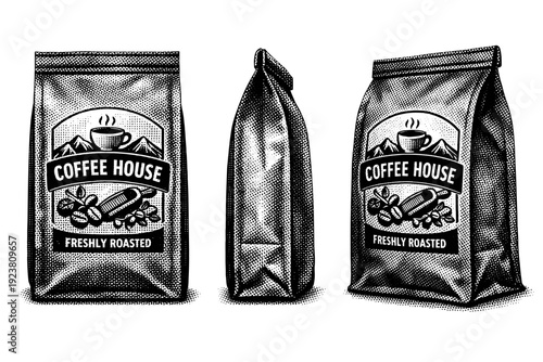 Coffee shop packaging label. A realistic coffee shop packaging label shown as a single object from three different angles: front view, side view, and