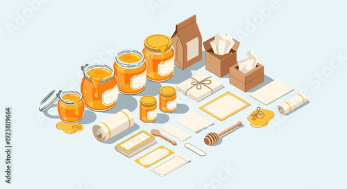 Isometric vector illustration. Honey jars, boxes, notebooks, envelopes, and wooden dipper on light background. Good for branding, packaging, craft, and product presentation.