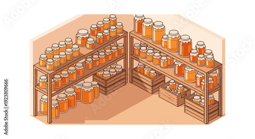 Isometric illustration of shelves and wooden crates filled with glass jars of golden honey. Ideal for illustrating food production, local business, beekeeping.