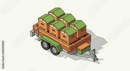 Isometric vector illustration of beehives transported on a trailer. Suitable for use in designs related to beekeeping, agriculture, transport, and rural life.