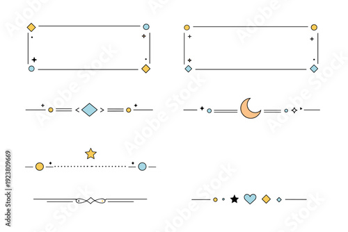 Decorative editorial borders. Light frames and divider elements combining thin lines and small geometric details. Elegant restraint suitable for headings,
