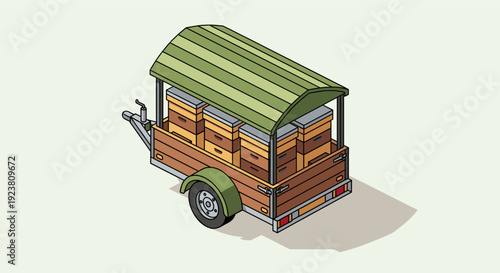 An isometric cartoon illustration of beehives loaded onto a wooden trailer with a green canopy. Illustrative style. Usable for educational content, infographics, and branding.