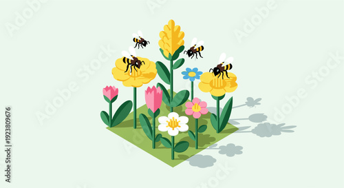 Flat lay illustration of a colorful garden with bees and flowers, creating a cheerful and vibrant scene. Ideal for nature, spring, summer, and design projects.
