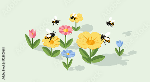 Cheerful cartoon illustration of bees among vibrant flowers. Great for springtime, nature, and environmental themes. Ideal for websites, educational materials, and children's designs.