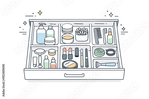 Minimalist bathroom organization ? Bathroom drawer organization. Open drawer with compartments for cosmetics and care items, tidy layout, visual clarity and