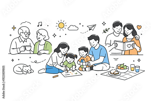 World Family Day celebration. A warm editorial scene of family members spending time together, talking and sharing simple activities in a calm environment. The