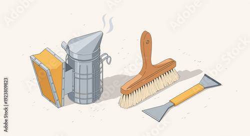 Illustration of essential beekeeping equipment. Includes a smoker emitting smoke, bee brush, and hive tool. Isolated on a white background. For use in education, agriculture, and bee-related content.