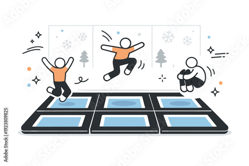 Winter indoor trampoline parks ? Abstract indoor trampoline concept. Simplified jumping figures, grid of trampolines, snowflakes outside and motion symbols