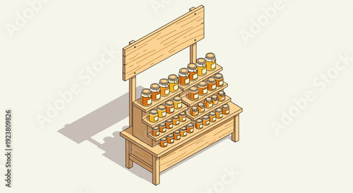 Isometric cartoon stand with multiple jars of honey. Perfect illustration for organic shops, farmers markets or natural food related designs.