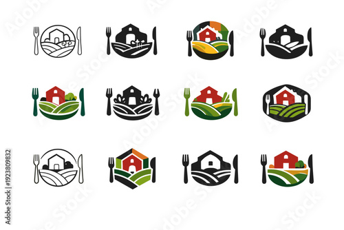 Local Ingredient Icons. Cooking with local ingredients. Icon set. Set Logo of Cooking with local ingredients: farm-to-table plate. harmonious logo variations